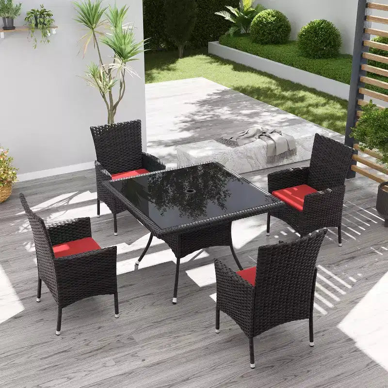 ALAULM Patio Furniture Outdoor Dining Set, Wicker Rattan Patio Dining Table and Chairs Set, Square Tempered Glass Tabletop with Umbrella Set