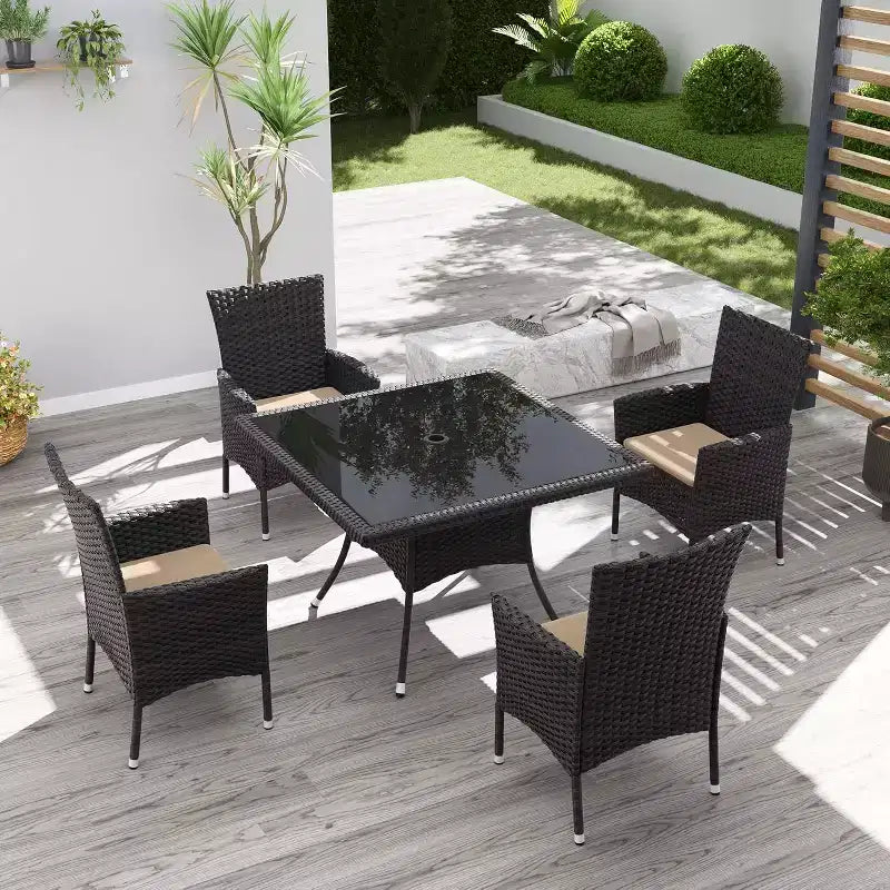 ALAULM Patio Furniture Outdoor Dining Set, Wicker Rattan Patio Dining Table and Chairs Set, Square Tempered Glass Tabletop with Umbrella Set