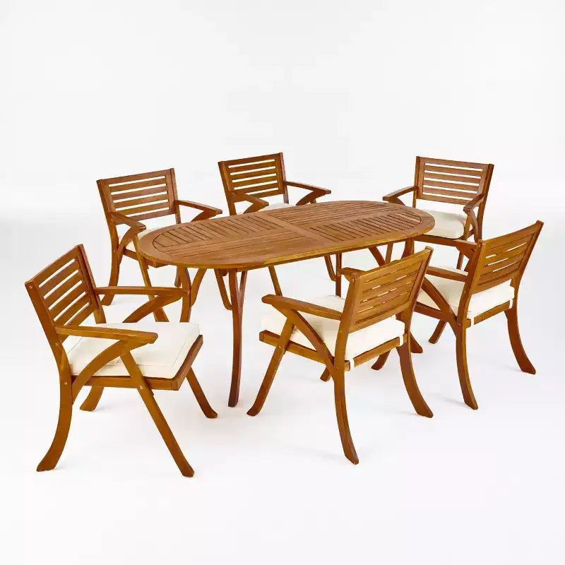 GDFStudio Zhana Outdoor Acacia Wood 7 Piece Dining Set with Cushion