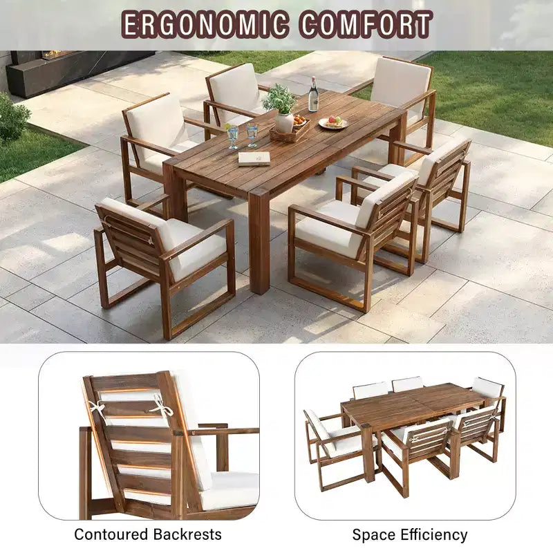 Whisen 7 Piece Acacia Wood Patio Dining Sets Outdoor Dining Set - Seats 6 with Removable Cushions, Outdoor Furniture Set with Umbrella Hole