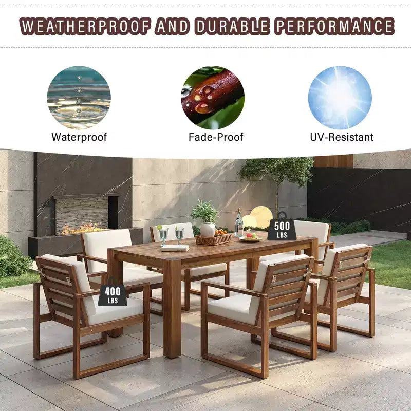 Whisen 7 Piece Acacia Wood Patio Dining Sets Outdoor Dining Set - Seats 6 with Removable Cushions, Outdoor Furniture Set with Umbrella Hole