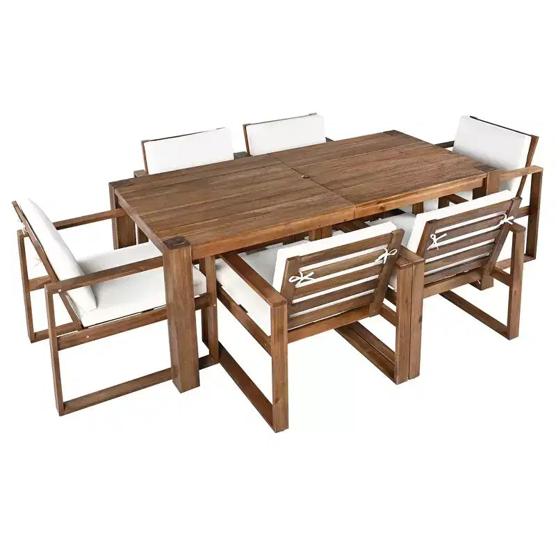 Whisen 7 Piece Acacia Wood Patio Dining Sets Outdoor Dining Set - Seats 6 with Removable Cushions, Outdoor Furniture Set with Umbrella Hole