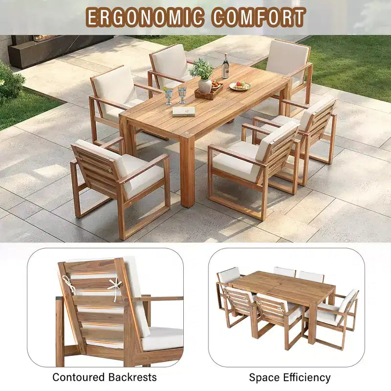Whisen 7 Piece Acacia Wood Patio Dining Sets Outdoor Dining Set - Seats 6 with Removable Cushions, Outdoor Furniture Set with Umbrella Hole