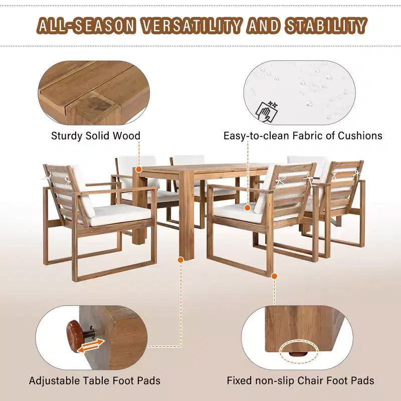 Whisen 7 Piece Acacia Wood Patio Dining Sets Outdoor Dining Set - Seats 6 with Removable Cushions, Outdoor Furniture Set with Umbrella Hole