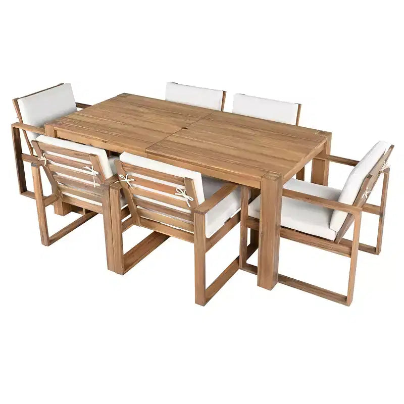 Whisen 7 Piece Acacia Wood Patio Dining Sets Outdoor Dining Set - Seats 6 with Removable Cushions, Outdoor Furniture Set with Umbrella Hole