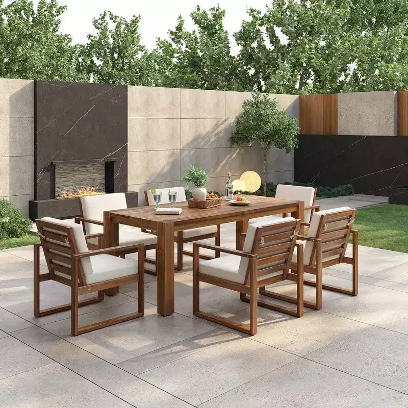 Whisen 7 Piece Acacia Wood Patio Dining Sets Outdoor Dining Set - Seats 6 with Removable Cushions, Outdoor Furniture Set with Umbrella Hole