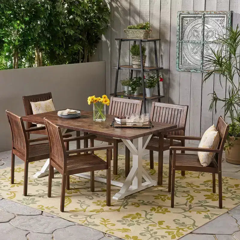 Christopher Knight Home Cassia Outdoor Acacia Wood 7 Piece Dining Set with 69 Dining Table, Dark Brown and White