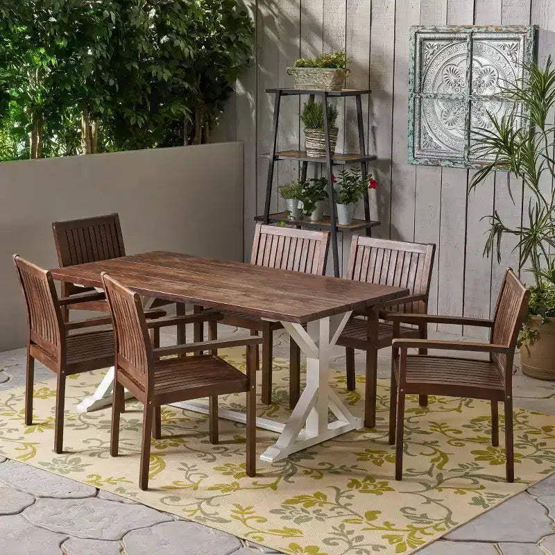 Christopher Knight Home Cassia Outdoor Acacia Wood 7 Piece Dining Set with 69 Dining Table, Dark Brown and White