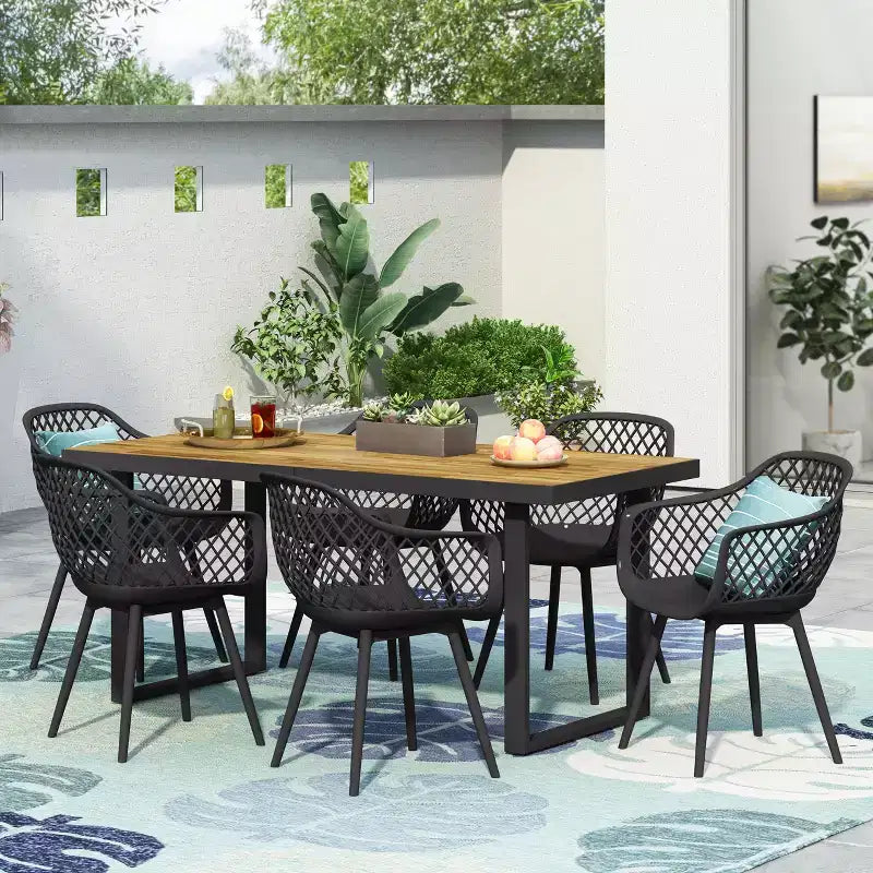 Ensemble de salle à manger d'extérieur 7 pièces Christopher Knight Home Renata en bois d'acacia et résine avec table à manger de 70,25 po, noir/teck
