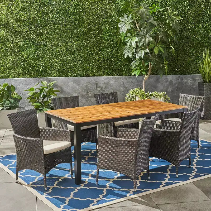 Christopher Knight Home Dane Outdoor Wicker and Acacia Wood 7 Piece Dining Set with Cushion, Teak/Multibrown