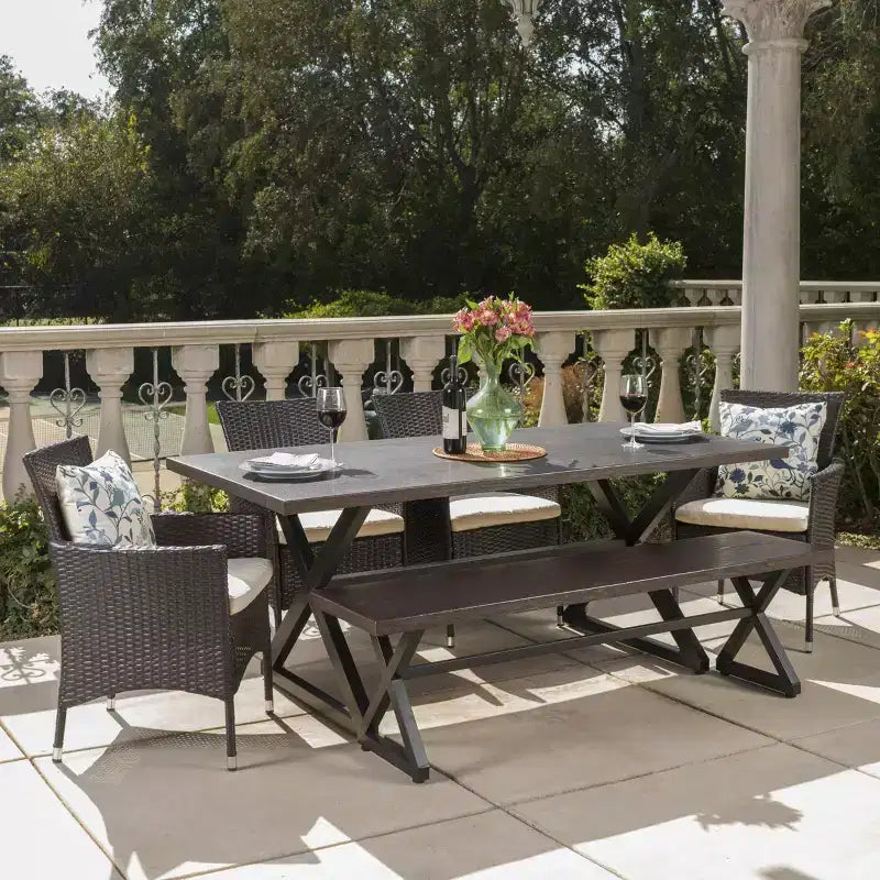 Christopher Knight Home Absher Outdoor Wicker and Aluminum 6 Piece Dining Set with Bench