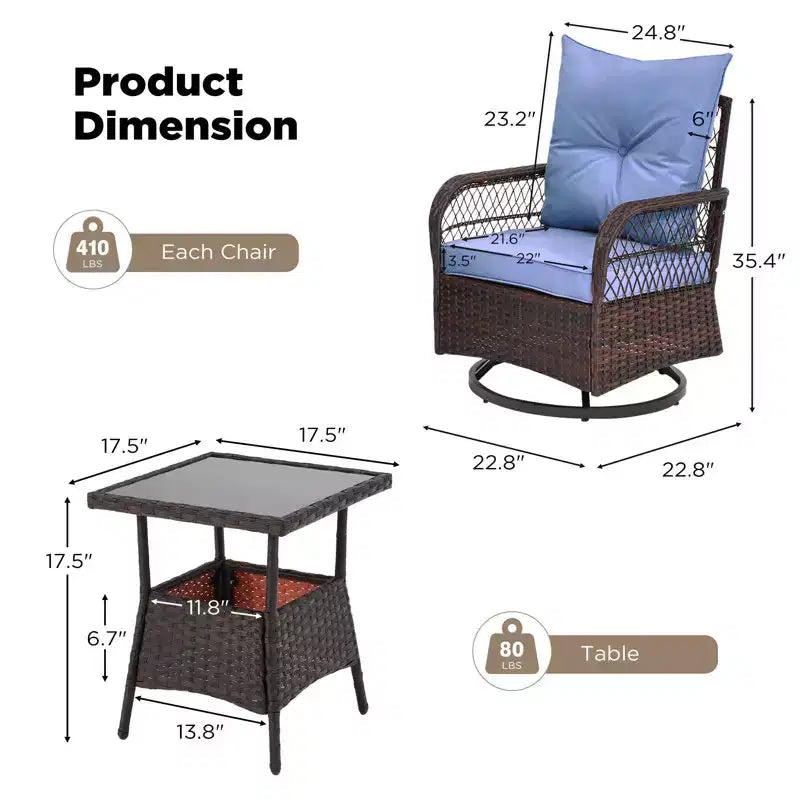 EROMMY 3 Pieces Patio Swivel Rocker Rattan Chairs, Outdoor Swivel Rocking Chairs With 1 Rattan Coffee Table, 360 Degree Swivel Patio Chairs For Lawn