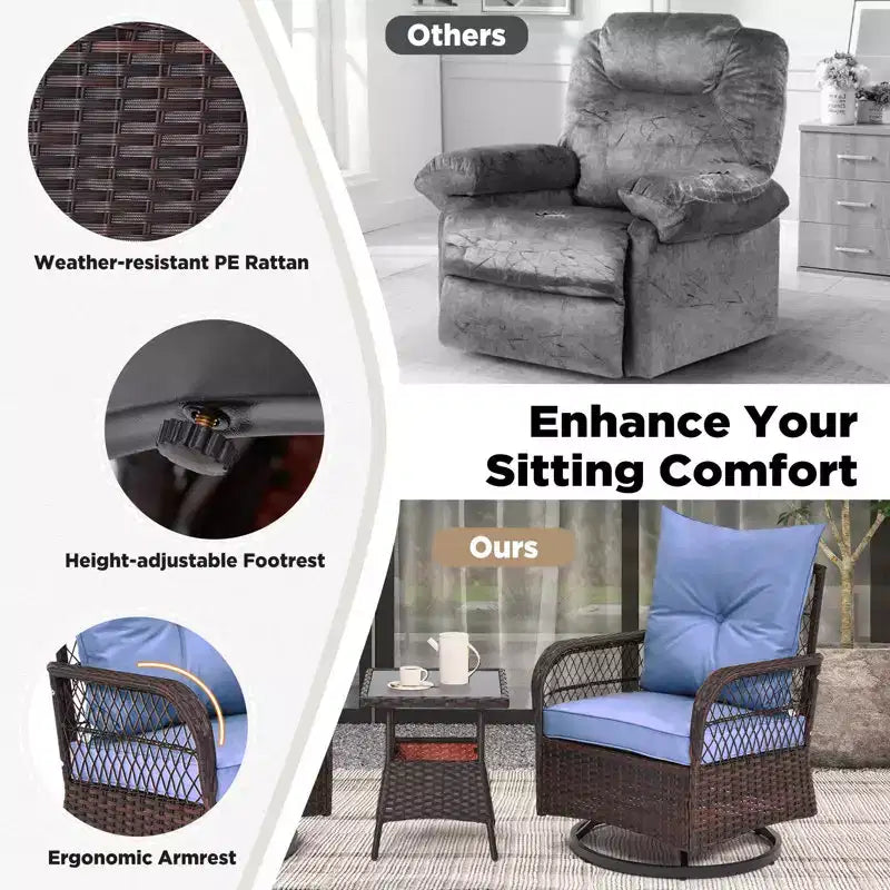 EROMMY 3 Pieces Patio Swivel Rocker Rattan Chairs, Outdoor Swivel Rocking Chairs With 1 Rattan Coffee Table, 360 Degree Swivel Patio Chairs For Lawn
