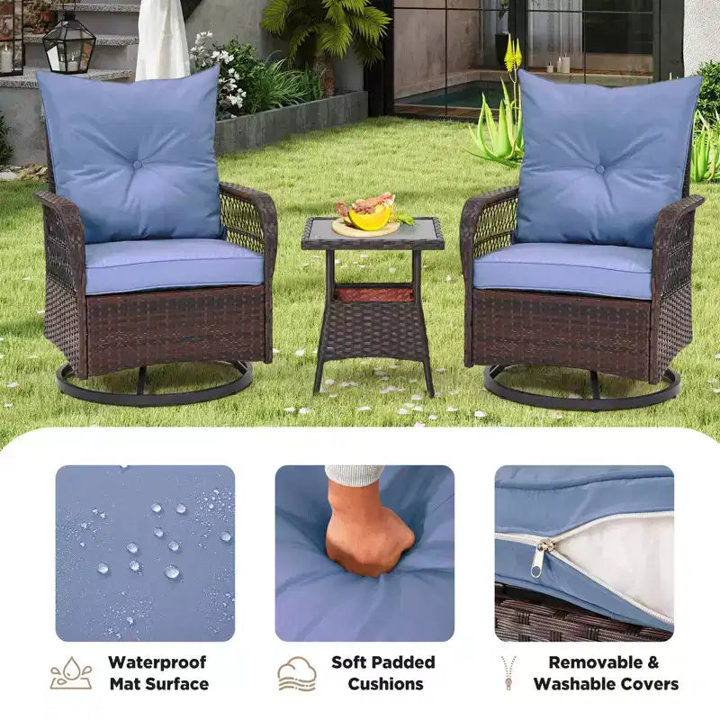 EROMMY 3 Pieces Patio Swivel Rocker Rattan Chairs, Outdoor Swivel Rocking Chairs With 1 Rattan Coffee Table, 360 Degree Swivel Patio Chairs For Lawn