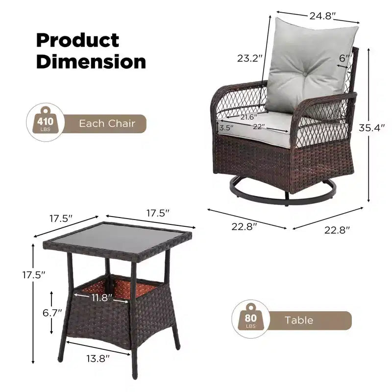 EROMMY 3 Pieces Patio Swivel Rocker Rattan Chairs, Outdoor Swivel Rocking Chairs With 1 Rattan Coffee Table, 360 Degree Swivel Patio Chairs For Lawn