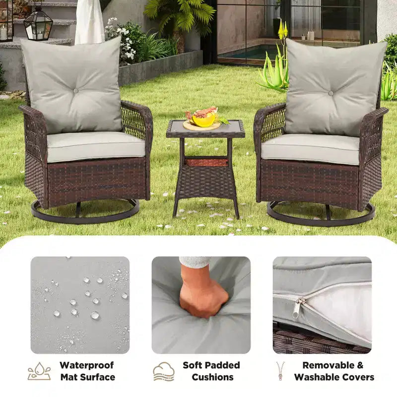 EROMMY 3 Pieces Patio Swivel Rocker Rattan Chairs, Outdoor Swivel Rocking Chairs With 1 Rattan Coffee Table, 360 Degree Swivel Patio Chairs For Lawn