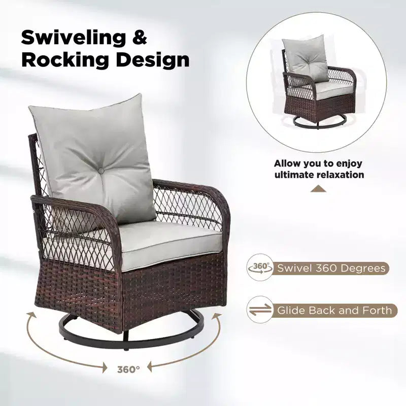 EROMMY 3 Pieces Patio Swivel Rocker Rattan Chairs, Outdoor Swivel Rocking Chairs With 1 Rattan Coffee Table, 360 Degree Swivel Patio Chairs For Lawn