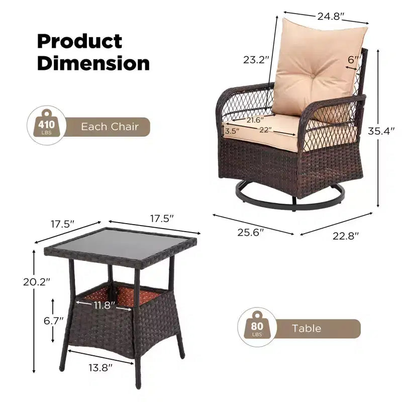 EROMMY 3 Pieces Patio Swivel Rocker Rattan Chairs, Outdoor Swivel Rocking Chairs With 1 Rattan Coffee Table, 360 Degree Swivel Patio Chairs For Lawn
