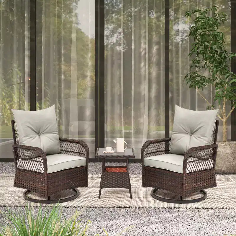 EROMMY 3 Pieces Patio Swivel Rocker Rattan Chairs, Outdoor Swivel Rocking Chairs With 1 Rattan Coffee Table, 360 Degree Swivel Patio Chairs For Lawn