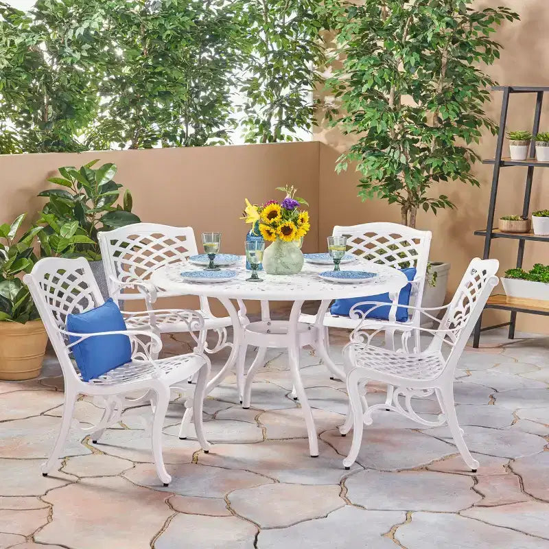 Christopher Knight Home Sarasota 5-Piece Cast Aluminum Outdoor Dining Set with Floral Scroll Design
