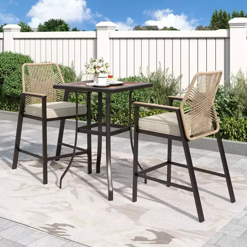 Captiva Designs Outdoor Patio Dining Bar Set with Steel Bar Table & Rattan Bar Stools with Cushions