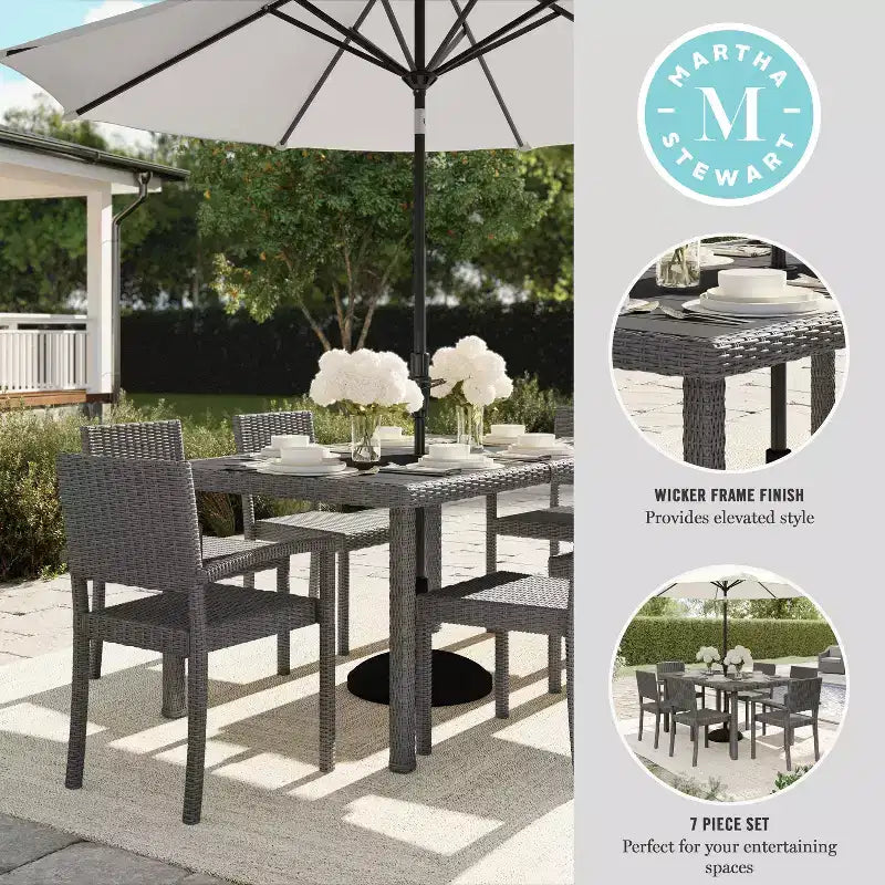 Martha Stewart Bedford 7-Piece Indoor-Outdoor Dining Set with 6 Stackable Dining Chairs and 62 Patio Table with Engineered Wood Top in Rattan Wicker