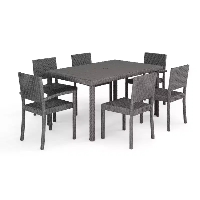 Martha Stewart Bedford 7-Piece Indoor-Outdoor Dining Set with 6 Stackable Dining Chairs and 62 Patio Table with Engineered Wood Top in Rattan Wicker