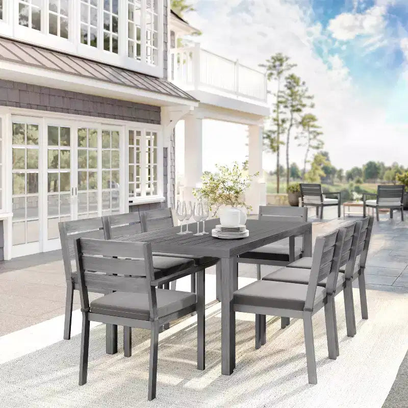 Martha Stewart Bedford Indoor-Outdoor Patio Set with 71 Table and 8 Dining Chairs with Brushed Woodgrain Aluminum Finish and All-Weather Seat Cushion
