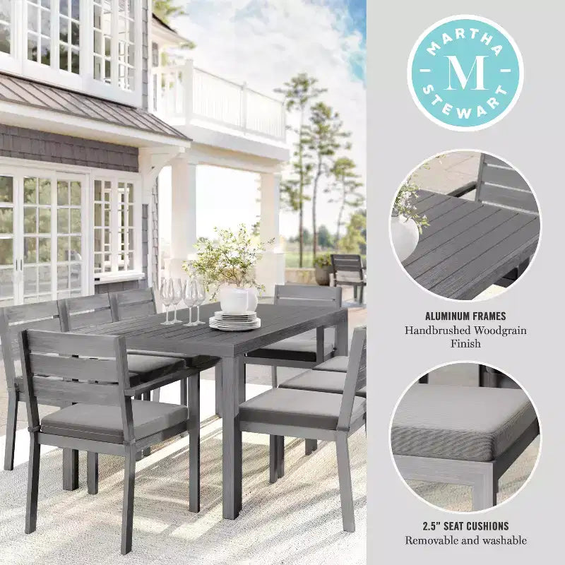 Martha Stewart Bedford Indoor-Outdoor Patio Set with 71 Table and 8 Dining Chairs with Brushed Woodgrain Aluminum Finish and All-Weather Seat Cushion