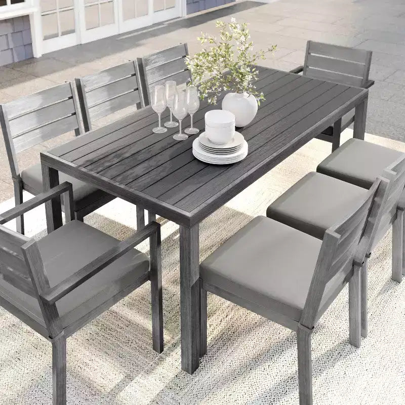 Martha Stewart Bedford Indoor-Outdoor Patio Set with 71 Table and 8 Dining Chairs with Brushed Woodgrain Aluminum Finish and All-Weather Seat Cushion