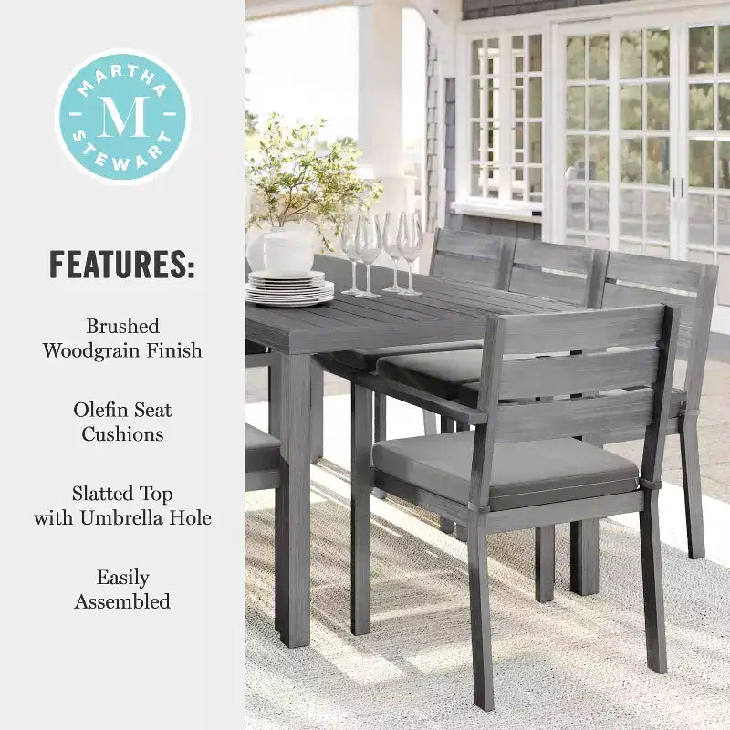 Martha Stewart Bedford Indoor-Outdoor Patio Set with 71 Table and 8 Dining Chairs with Brushed Woodgrain Aluminum Finish and All-Weather Seat Cushion