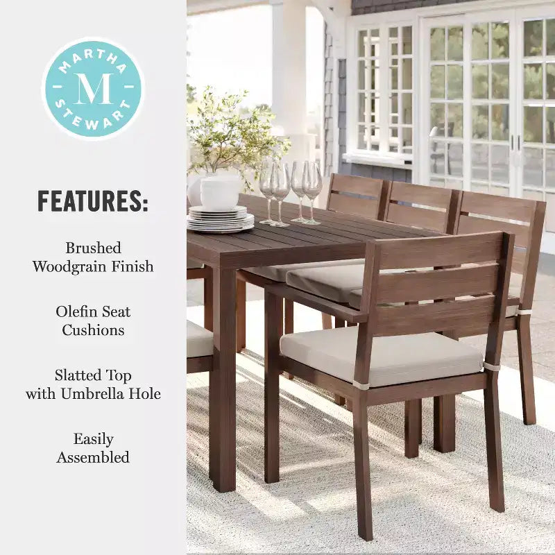 Martha Stewart Bedford Indoor-Outdoor Patio Set with 71 Table and 8 Dining Chairs with Brushed Woodgrain Aluminum Finish and All-Weather Seat Cushion