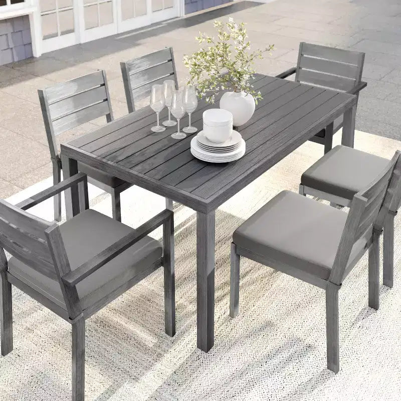 Martha Stewart Bedford Indoor-Outdoor Patio Set with 62 Table and 6 Dining Chairs with Brushed Woodgrain Aluminum Finish and All-Weather Seat Cushion