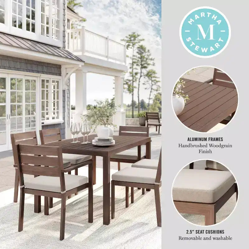Martha Stewart Bedford Indoor-Outdoor Patio Set with 62 Table and 6 Dining Chairs with Brushed Woodgrain Aluminum Finish and All-Weather Seat Cushion