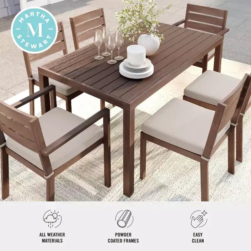 Martha Stewart Bedford Indoor-Outdoor Patio Set with 62 Table and 6 Dining Chairs with Brushed Woodgrain Aluminum Finish and All-Weather Seat Cushion