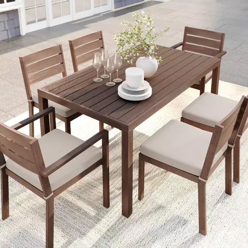 Martha Stewart Bedford Indoor-Outdoor Patio Set with 62 Table and 6 Dining Chairs with Brushed Woodgrain Aluminum Finish and All-Weather Seat Cushion