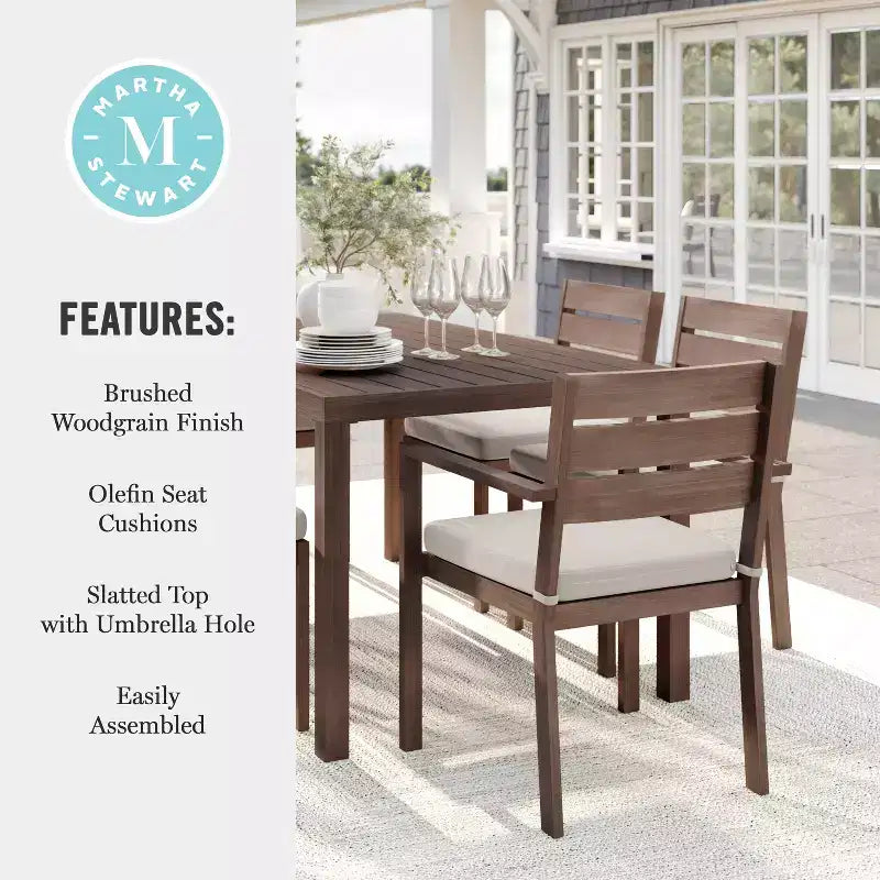 Martha Stewart Bedford Indoor-Outdoor Patio Set with 62 Table and 6 Dining Chairs with Brushed Woodgrain Aluminum Finish and All-Weather Seat Cushion