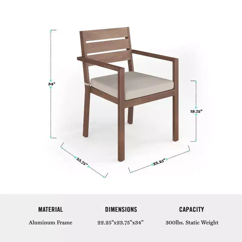 Martha Stewart Bedford Indoor-Outdoor Patio Set with 62 Table and 6 Dining Chairs with Brushed Woodgrain Aluminum Finish and All-Weather Seat Cushion