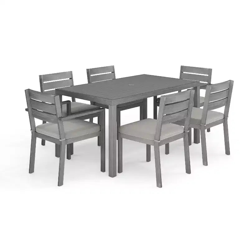 Martha Stewart Bedford Indoor-Outdoor Patio Set with 62 Table and 6 Dining Chairs with Brushed Woodgrain Aluminum Finish and All-Weather Seat Cushion