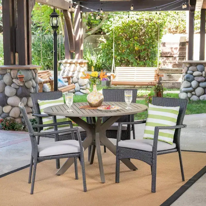 GDFStudio Tara Outdoor Wicker and Acacia Wood 5 Piece Dining Set with Cushions