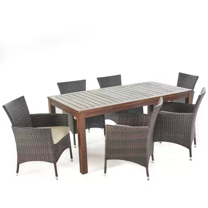 GDFStudio Taft Ensemble de salle à manger extérieur 7 pièces en bois d'acacia et osier avec coussins, marron foncé/beige