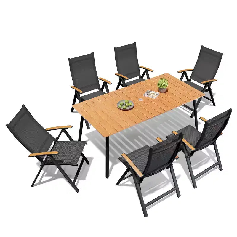 Crestlive Products Outdoor Dining Set Patio Dining Table with folding Dining Chairs Wooden-Like Top and Aluminum Frame Umbrella Hole