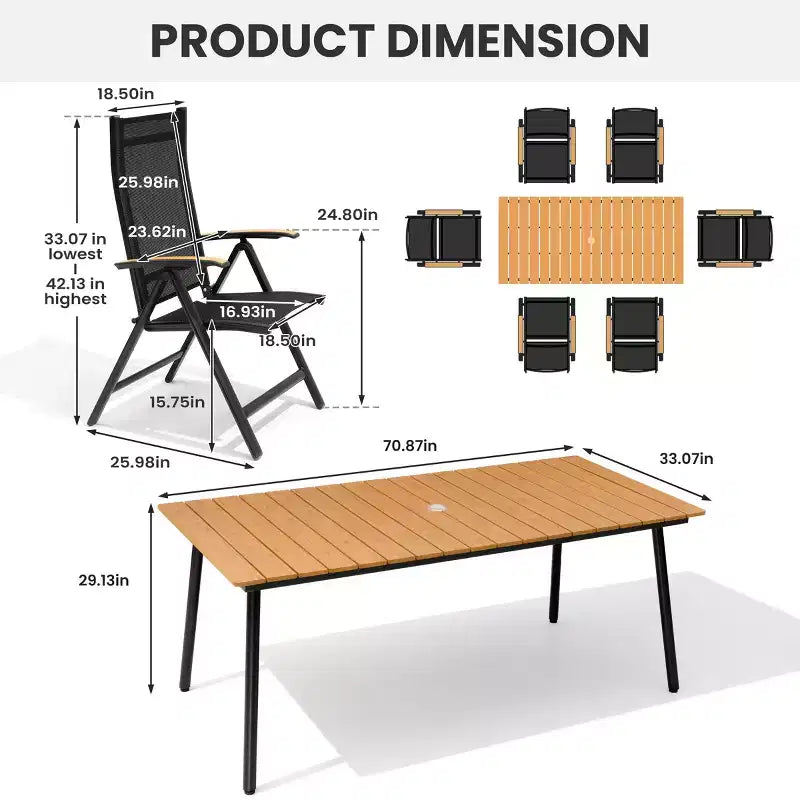 Crestlive Products Outdoor Dining Set Patio Dining Table with folding Dining Chairs Wooden-Like Top and Aluminum Frame Umbrella Hole