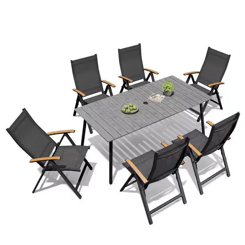 Crestlive Products Outdoor Dining Set Patio Dining Table with folding Dining Chairs Wooden-Like Top and Aluminum Frame Umbrella Hole