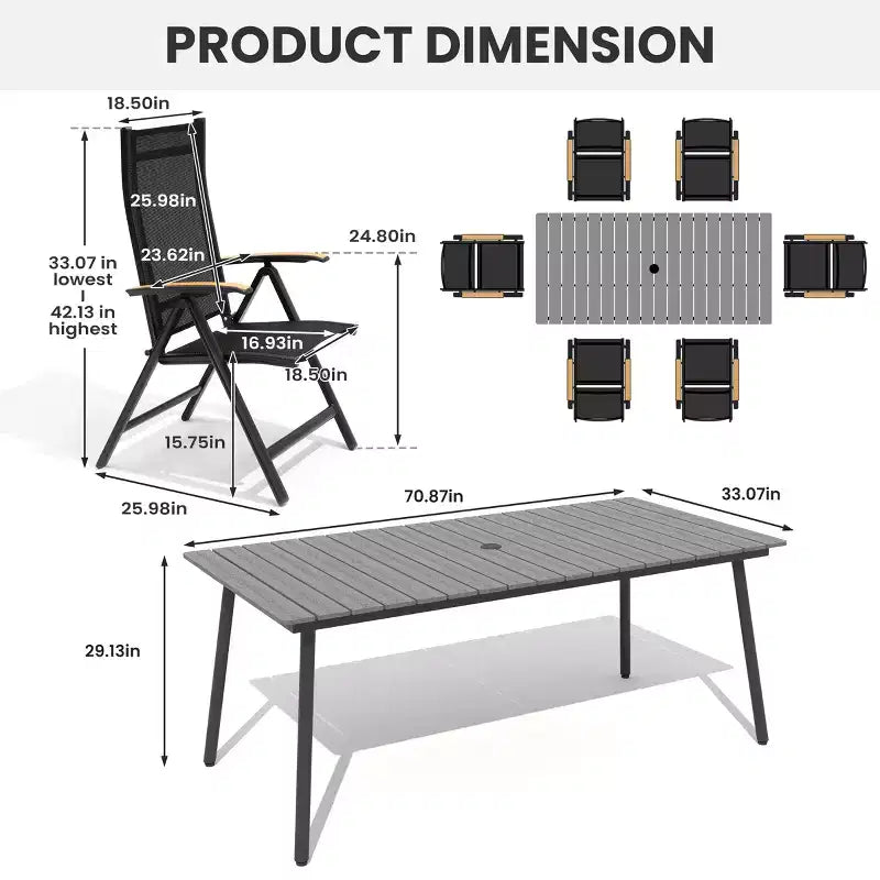 Crestlive Products Outdoor Dining Set Patio Dining Table with folding Dining Chairs Wooden-Like Top and Aluminum Frame Umbrella Hole