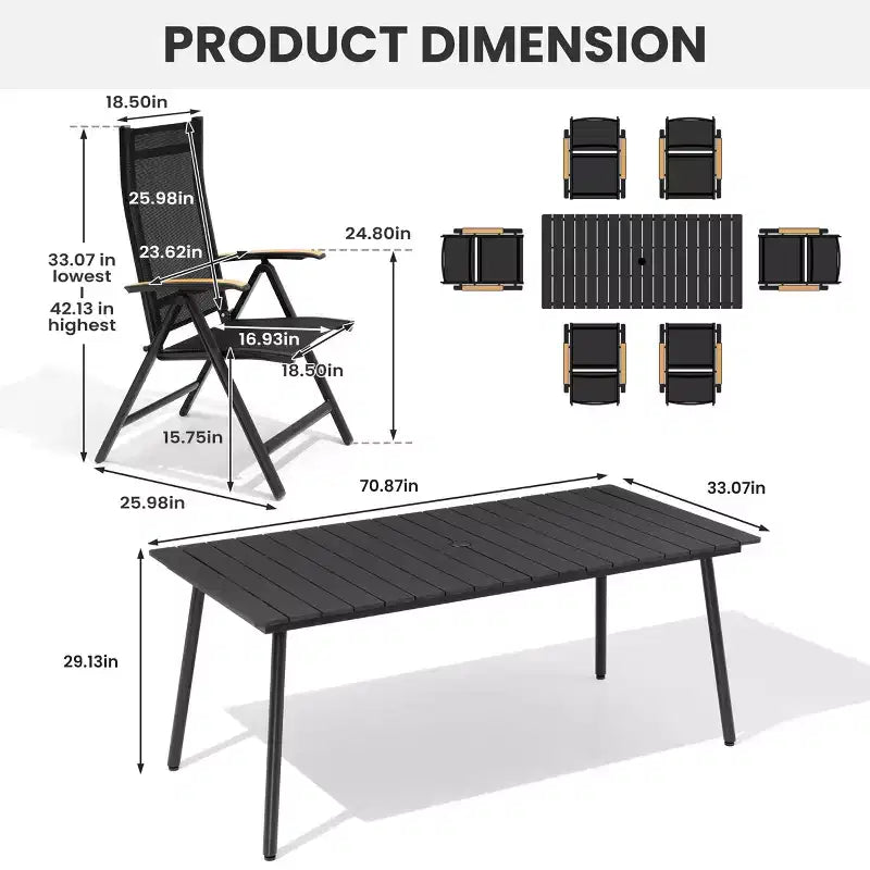 Crestlive Products Outdoor Dining Set Patio Dining Table with folding Dining Chairs Wooden-Like Top and Aluminum Frame Umbrella Hole