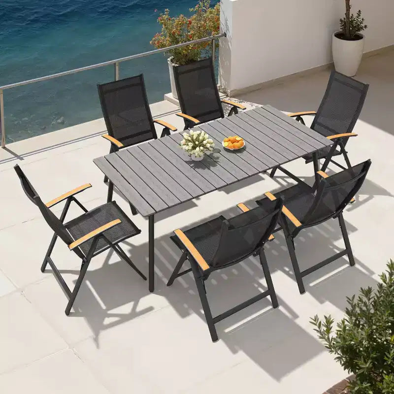 Crestlive Products Outdoor Dining Set Patio Dining Table with folding Dining Chairs Wooden-Like Top and Aluminum Frame Umbrella Hole