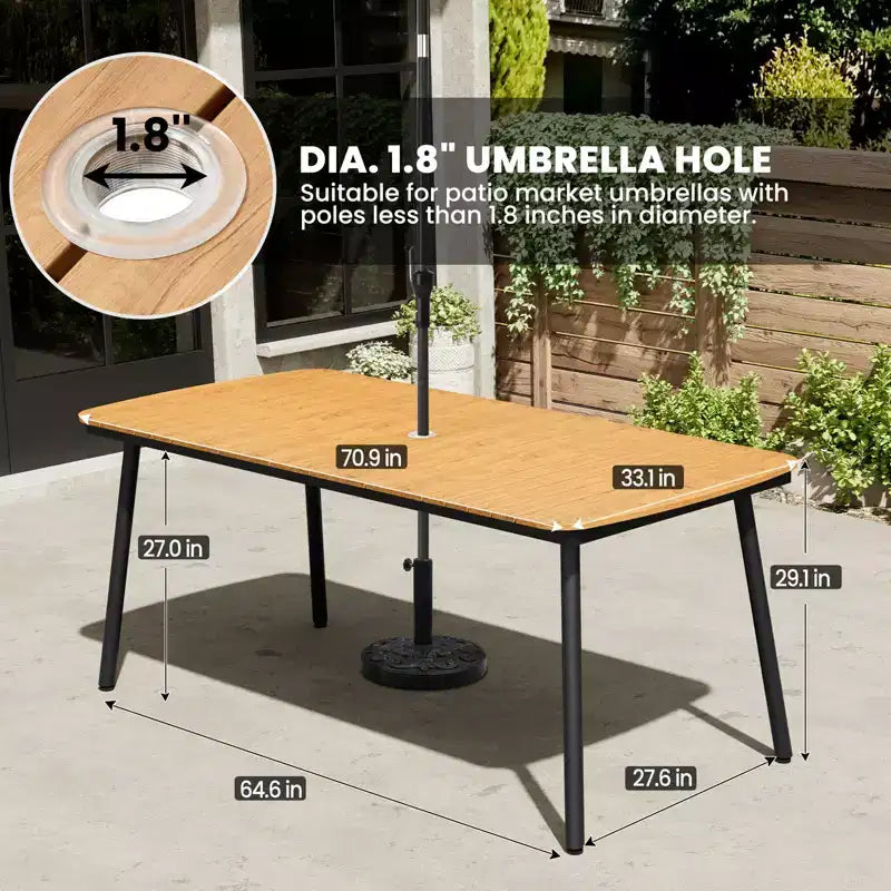 Crestlive Products 7pc Outdoor Dining set Patio Rectangle Table with Folding Chairs Aluminum Frame with Wood-Like Tabletop and Umbrella Hole
