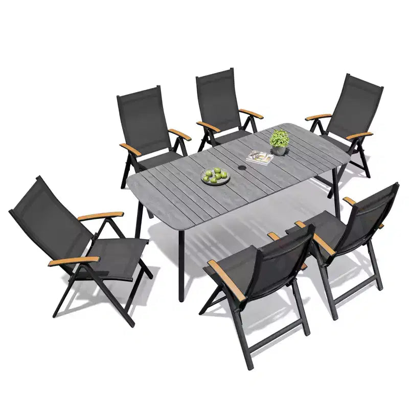 Crestlive Products 7pc Outdoor Dining set Patio Rectangle Table with Folding Chairs Aluminum Frame with Wood-Like Tabletop and Umbrella Hole