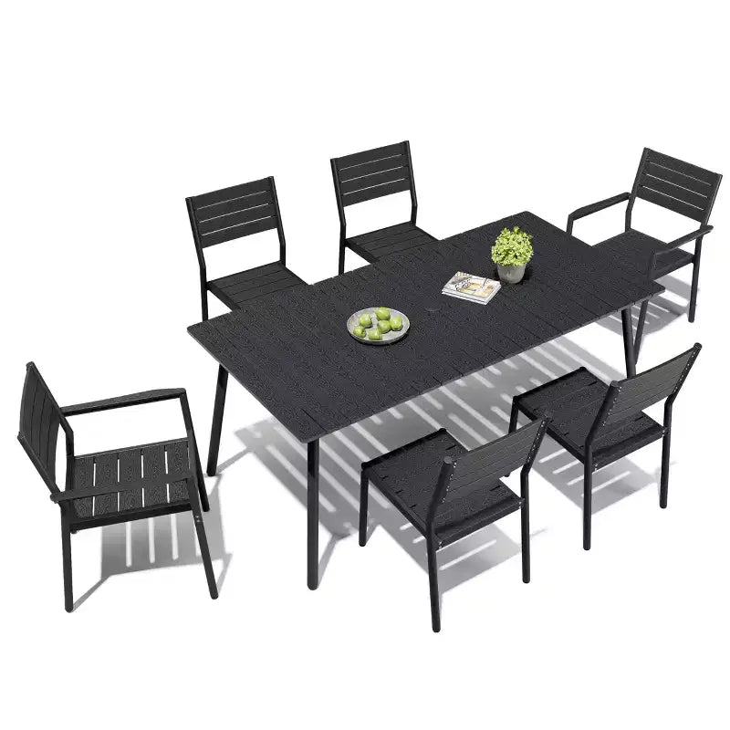 Crestlive Products 7pc Aluminum Patio Dinning Set 72in Table and 6 Chairs Plastic Wood Top with Umbrella Hole for Outdoor Pool Lawn